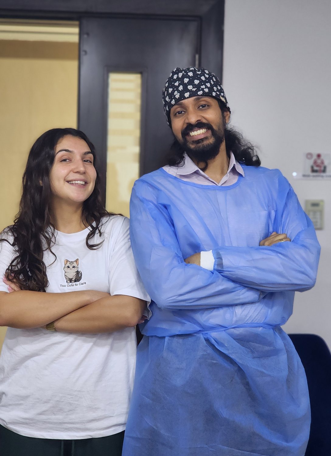 Two patients sharing a smile at the clinic
