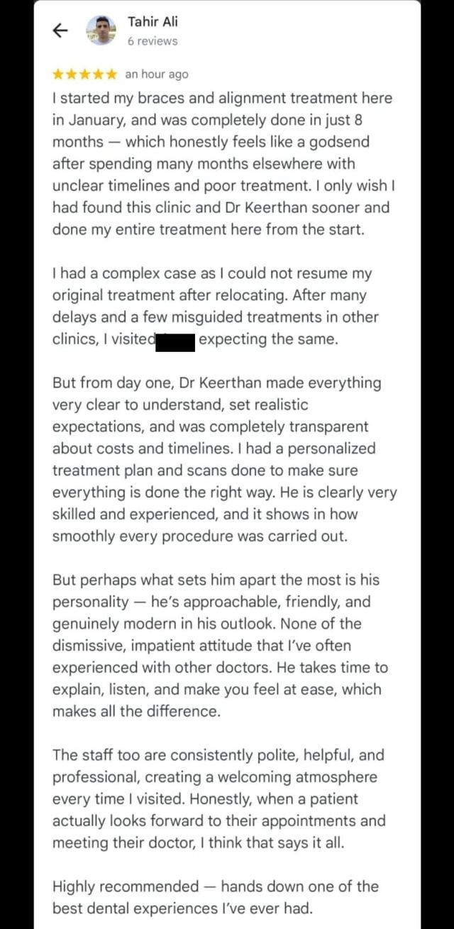 Google review from Tahir Ali for Dr. Keerthan Shashidhar