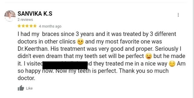 Google review from Sanvika K.S for Dr. Keerthan Shashidhar
