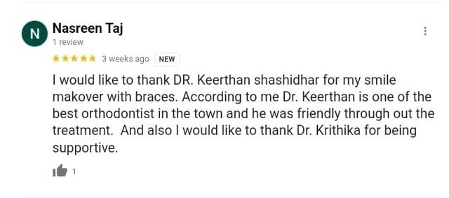 Google review from Nasreen Taj for Dr. Keerthan Shashidhar