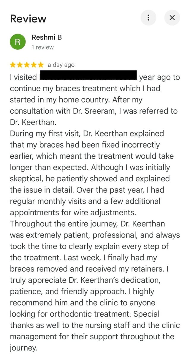 Google review from Reshmi B for Dr. Keerthan Shashidhar
