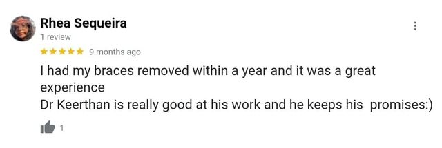 Google review from Rhea Sequeira for Dr. Keerthan Shashidhar