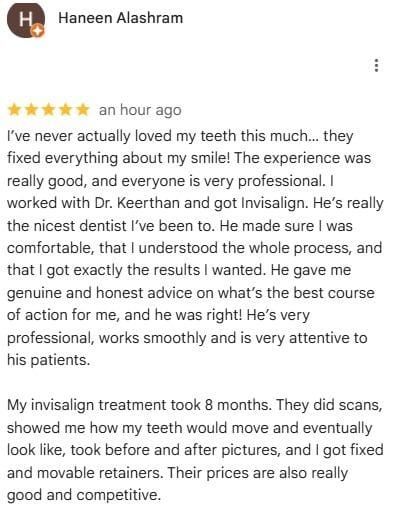 Google review from Haneen Alashram for Dr. Keerthan Shashidhar