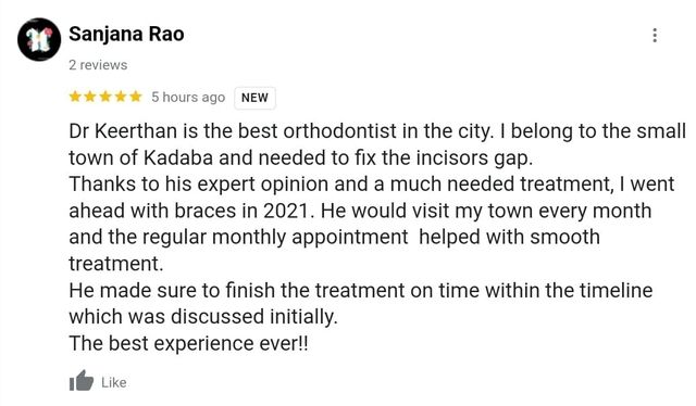 Google review from Sanjana Rao for Dr. Keerthan Shashidhar