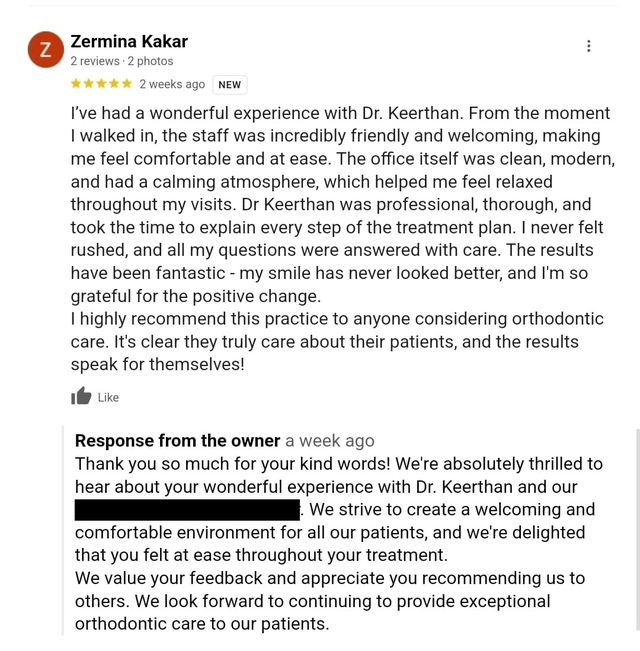 Google review from Zermina Kakar for Dr. Keerthan Shashidhar