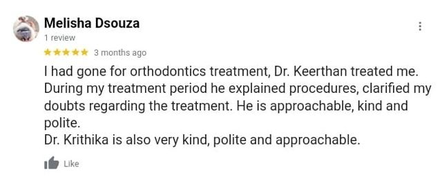 Google review from Melisha Dsouza for Dr. Keerthan Shashidhar