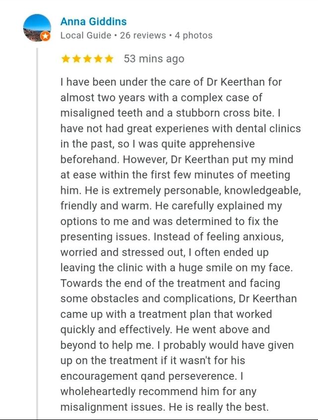 Google review from Anna Giddins for Dr. Keerthan Shashidhar