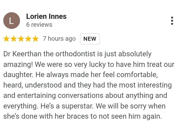 Google review from Lorien Innes for Dr. Keerthan Shashidhar