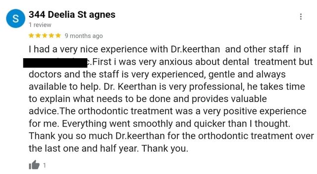 Google review from 344 Deelia St agnes for Dr. Keerthan Shashidhar
