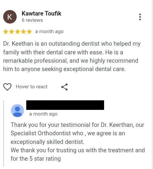 Google review from Kawtare Toufik for Dr. Keerthan Shashidhar