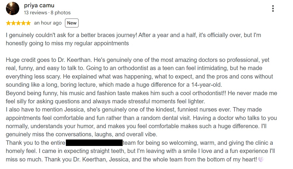 Google review from priya camu for Dr. Keerthan Shashidhar
