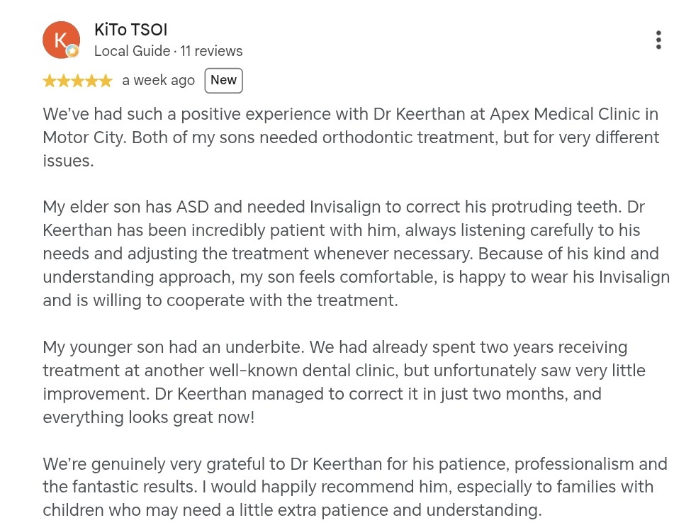 Google review from KiTo TSOI for Dr. Keerthan Shashidhar