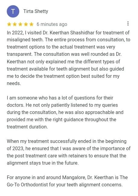Google review from Tirta Shetty for Dr. Keerthan Shashidhar