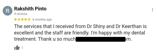 Google review from Rakshith Pinto for Dr. Keerthan Shashidhar