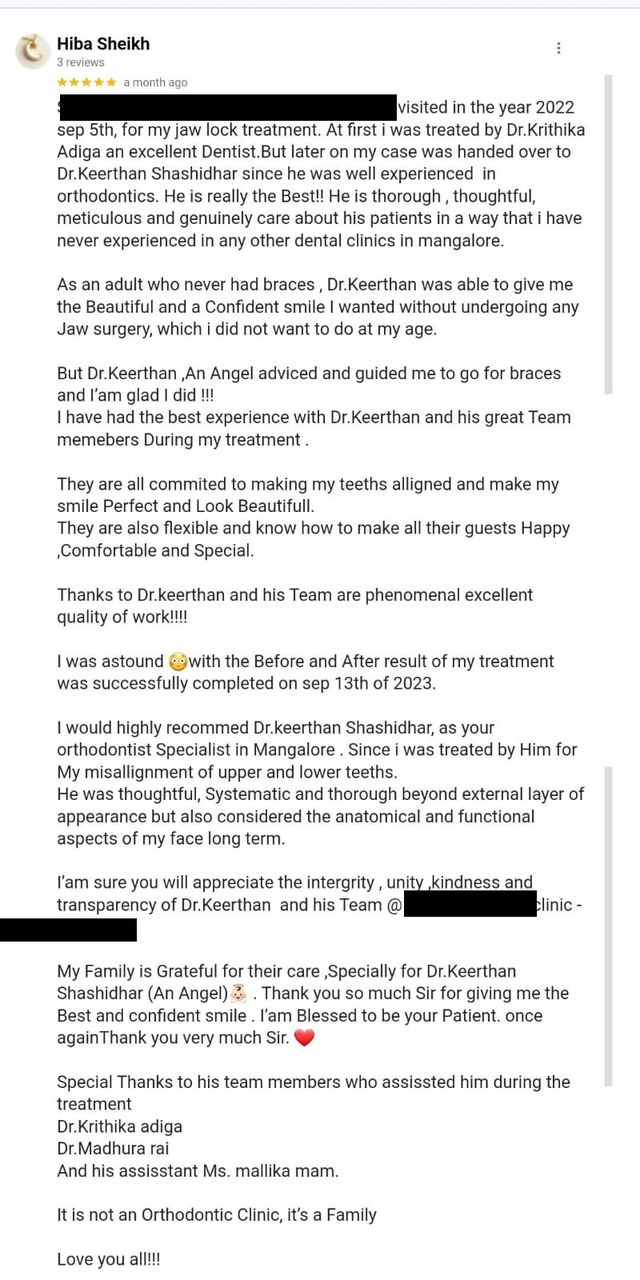 Google review from Hiba Sheikh for Dr. Keerthan Shashidhar