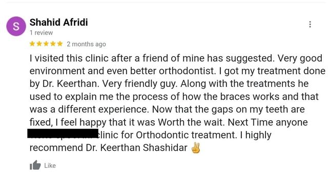 Google review from Shahid Afridi for Dr. Keerthan Shashidhar
