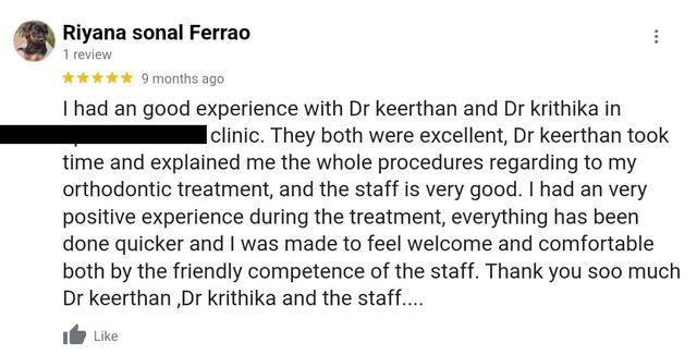 Google review from Riyana sonal Ferrao for Dr. Keerthan Shashidhar