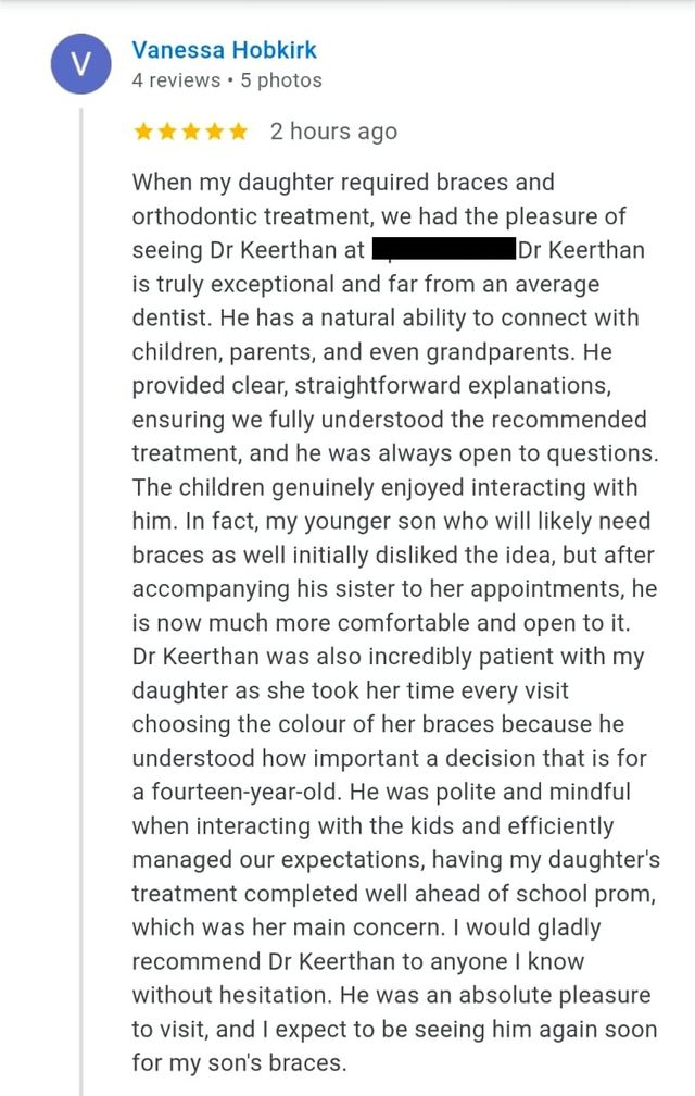 Google review from Vanessa Hobkirk for Dr. Keerthan Shashidhar