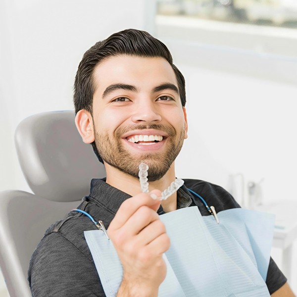 Smiling patient holding a clear aligner