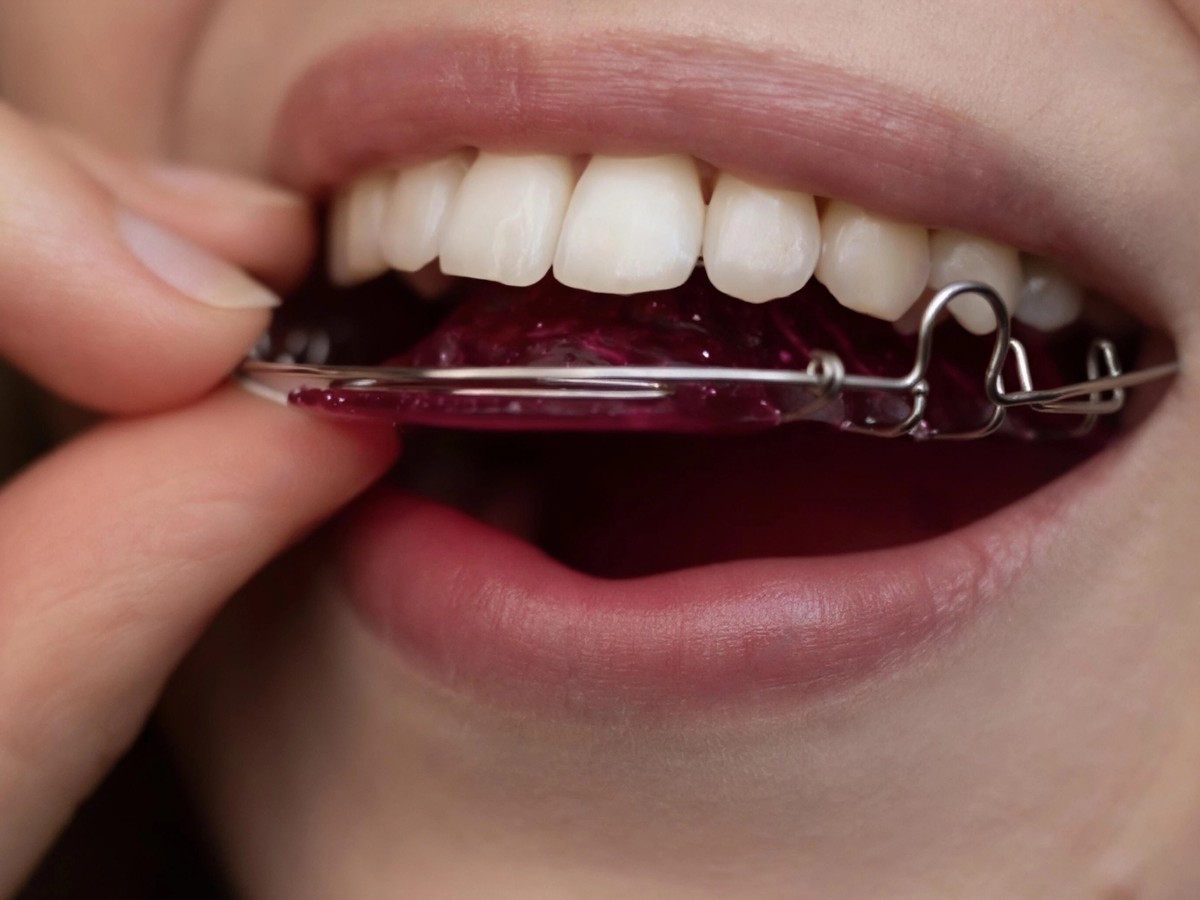 Hawley's retainer being removed from the mouth by hand
