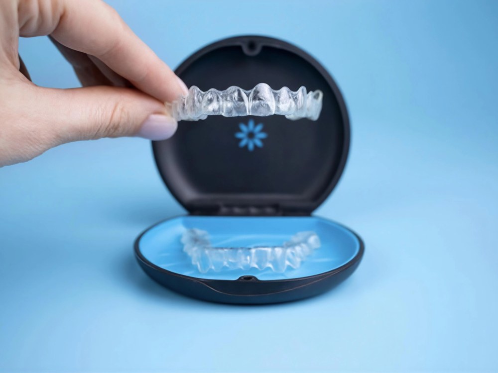 Clear Invisalign aligner tray held above its storage case